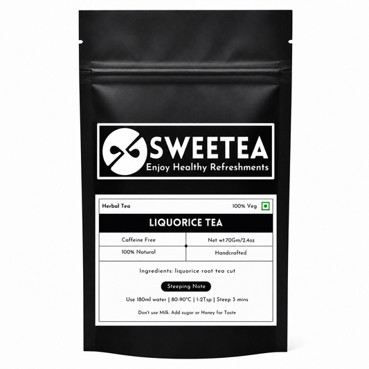 A black stand-up pouch of Sweetea Liquorice Tea herbal tea, featuring a white label with product details, caffeine-free status, and usage instructions.