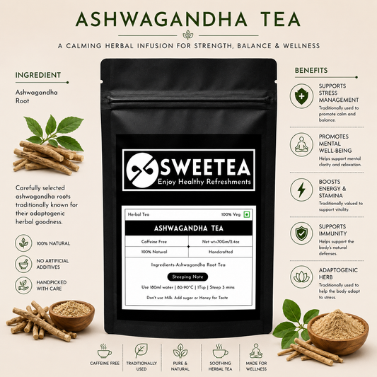 Sweetea Ashwagandha Tea is a naturally caffeine-free herbal infusion made from carefully selected ashwagandha roots with no artificial preservatives.