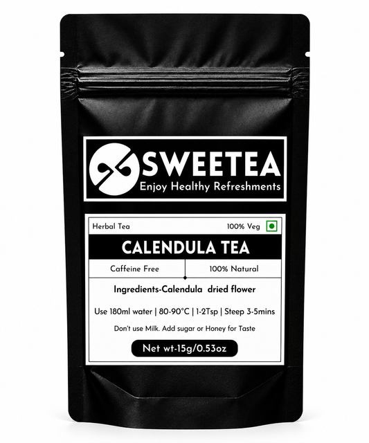 Shop Sweetea Calendula Tea made with premium dried calendula petals. A handcrafted caffeine-free herbal tea traditionally valued for wellness, soothing comfort, and antioxidant-rich herbal refreshment. No preservatives or artificial flavors.