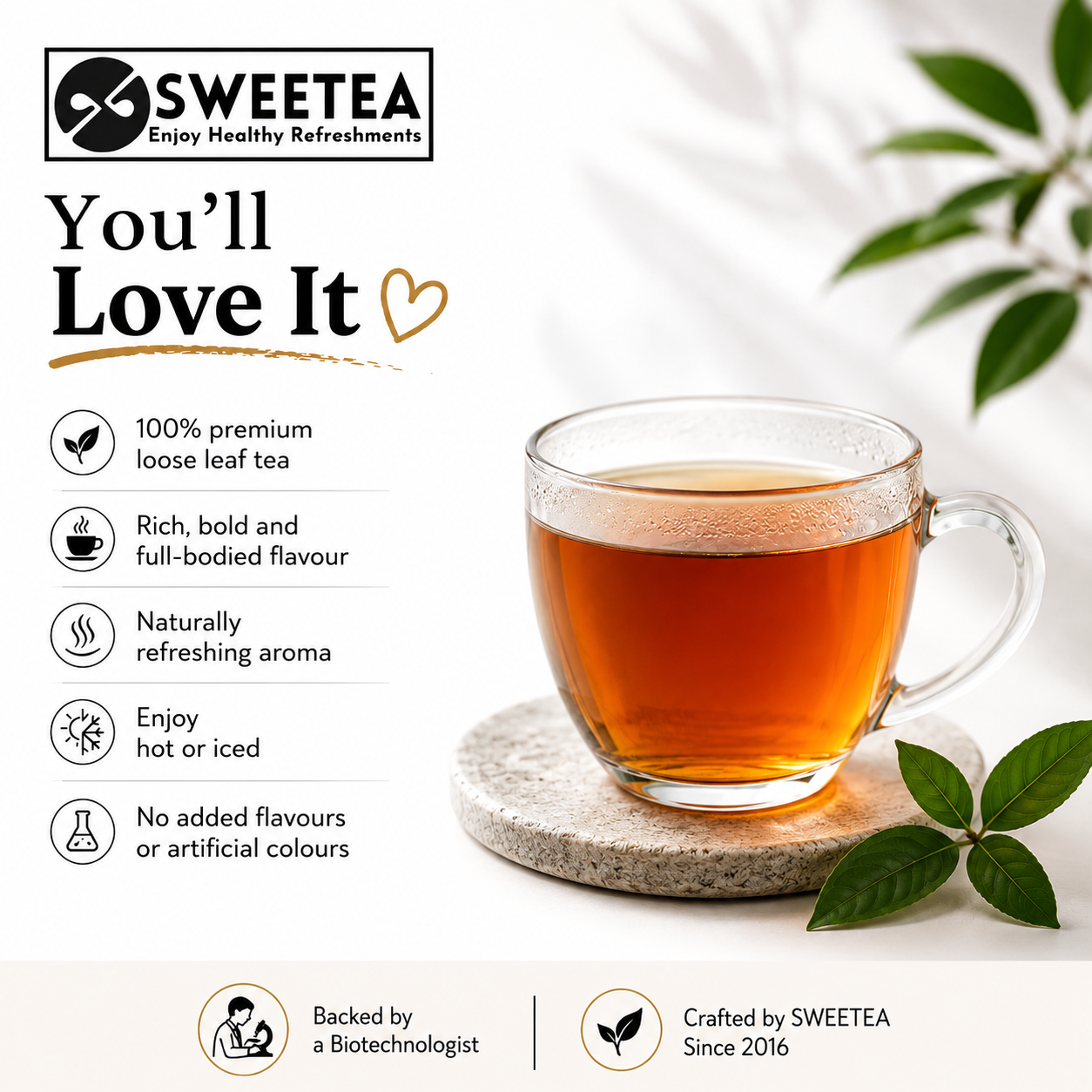 Glass mug of tea with Sweetea branding and product features on a light background