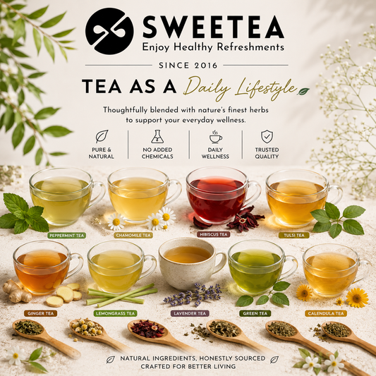 Promotional image of Sweetea tea with various types of tea and ingredients.