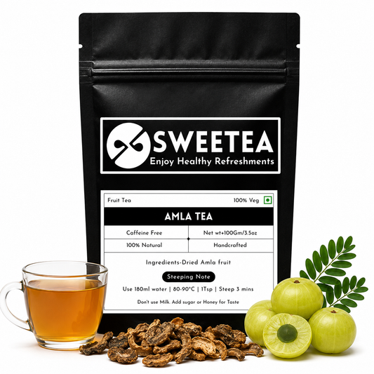 Premium Amla Tea by Sweetea featuring carefully selected Indian Gooseberry (Amla) for a naturally refreshing, caffeine-free herbal infusion.