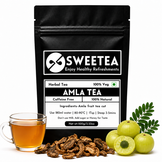 Premium Amla Tea by Sweetea featuring carefully selected Indian Gooseberry (Amla) for a naturally refreshing, caffeine-free herbal infusion.
