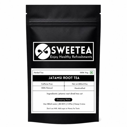 Premium herbal tea made from pure Jatamansi Root (Nardostachys jatamansi), naturally caffeine-free and packed fresh by Sweetea.