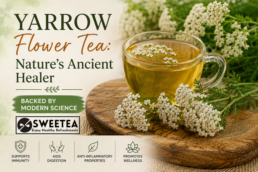 Cup of Yarrow Flower Tea with dried yarrow flowers and botanical background representing natural healing and wellness