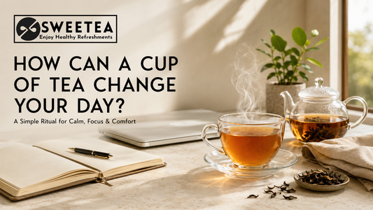 A warm cup of tea, glass teapot and journal in a sunlit workspace, representing a simple daily ritual for calm, focus and comfort by Sweetea.