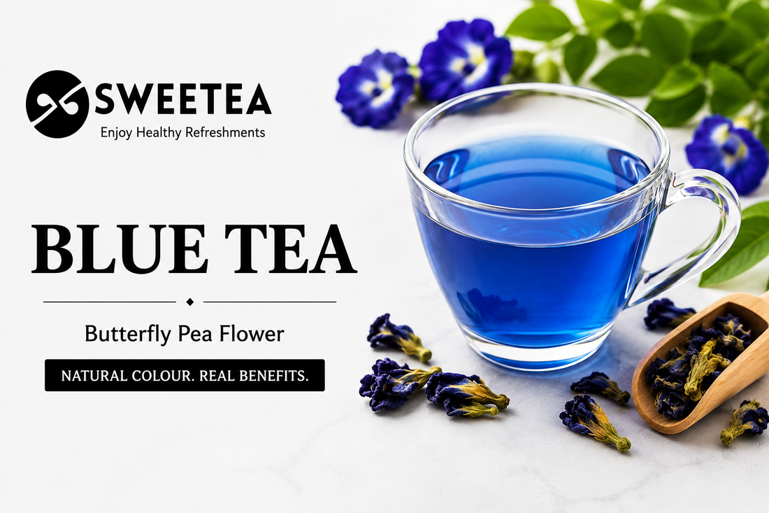 Sweetea blue tea with butterfly pea flowers, naturally vibrant blue herbal infusion in a clear glass cup