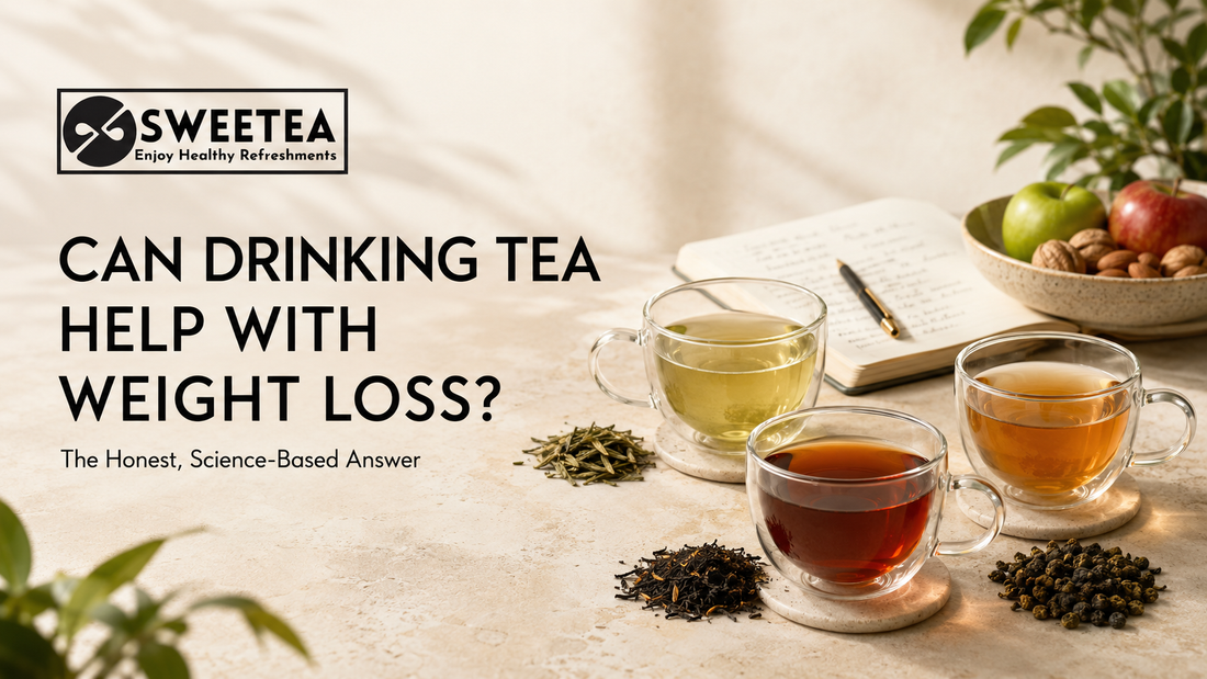 Cup of unsweetened green tea with tea leaves, measuring tape and balanced wellness ingredients illustrating the science behind tea and weight management.