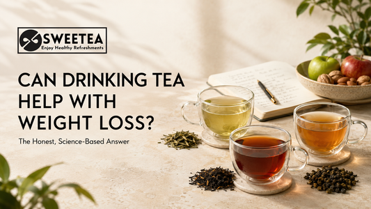 Cup of unsweetened green tea with tea leaves, measuring tape and balanced wellness ingredients illustrating the science behind tea and weight management.