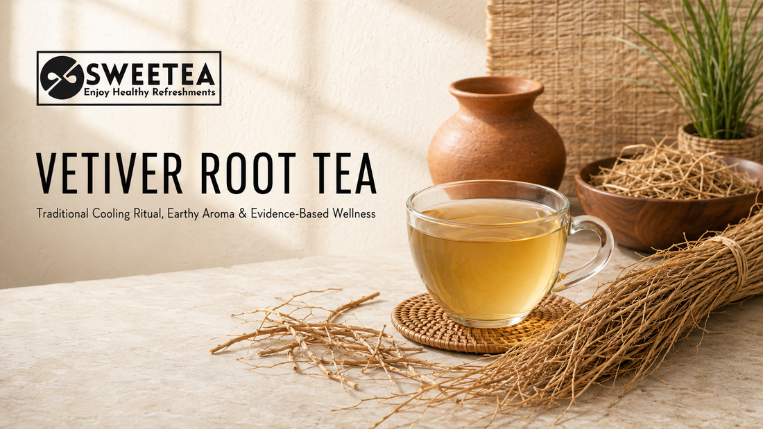 Vetiver root tea with dried khus roots, green vetiver grass and a traditional clay pot, highlighting its earthy aroma and Indian cooling ritual by Sweetea.