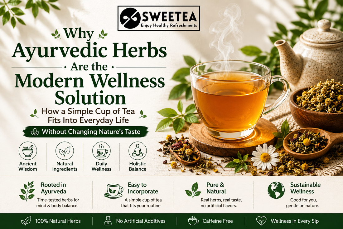 A promotional banner for Sweetea showing a clear glass cup of steaming herbal tea surrounded by dried Ayurvedic herbs, green leaves, and a teapot.