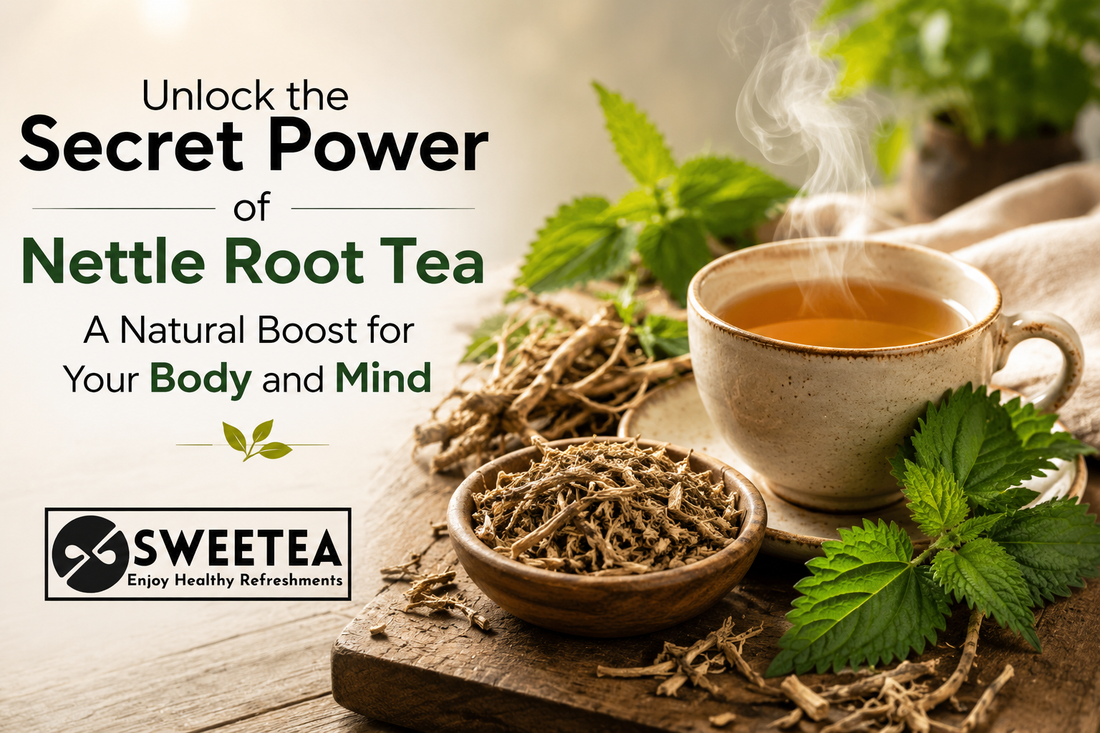 Dried nettle roots with a steaming cup of Nettle Root Tea on a rustic wooden table, showcasing a natural caffeine-free herbal infusion for daily wellness.