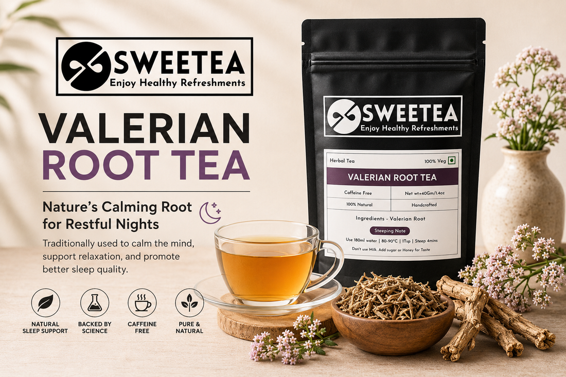 Cup of Valerian Root Tea with dried valerian roots showing a natural herbal tea traditionally used to support relaxation and better sleep.