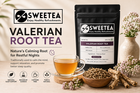 Cup of Valerian Root Tea with dried valerian roots showing a natural herbal tea traditionally used to support relaxation and better sleep.