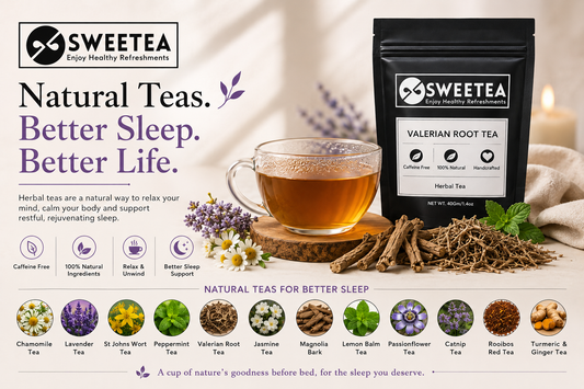 Best herbal teas for better sleep featuring Valerian Root Tea, Chamomile Tea, Lavender Tea, Lemon Balm Tea, Passionflower Tea and other natural bedtime teas by Sweetea.