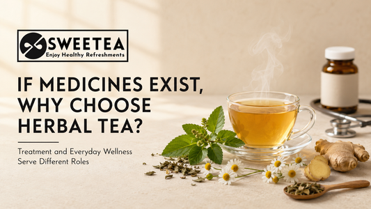 Herbal tea with tulsi, chamomile and ginger beside subtle medicine and stethoscope imagery, showing that treatment and everyday wellness serve different roles.