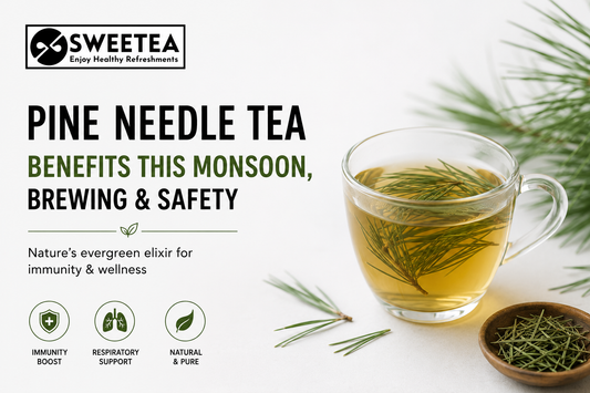 Sweetea Pine Needle Tea benefits this monsoon, with a cup of pine needle tea, fresh pine needles, and the benefits of brewing and safety.