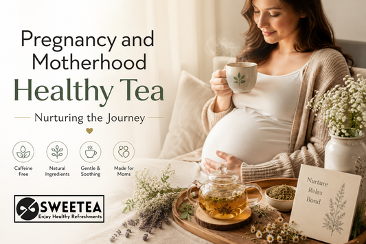 Warm and comforting pregnancy and motherhood tea scene featuring a steaming herbal tea cup, soft floral accents, and a peaceful atmosphere symbolizing self-care and wellness during pregnancy and postpartum motherhood