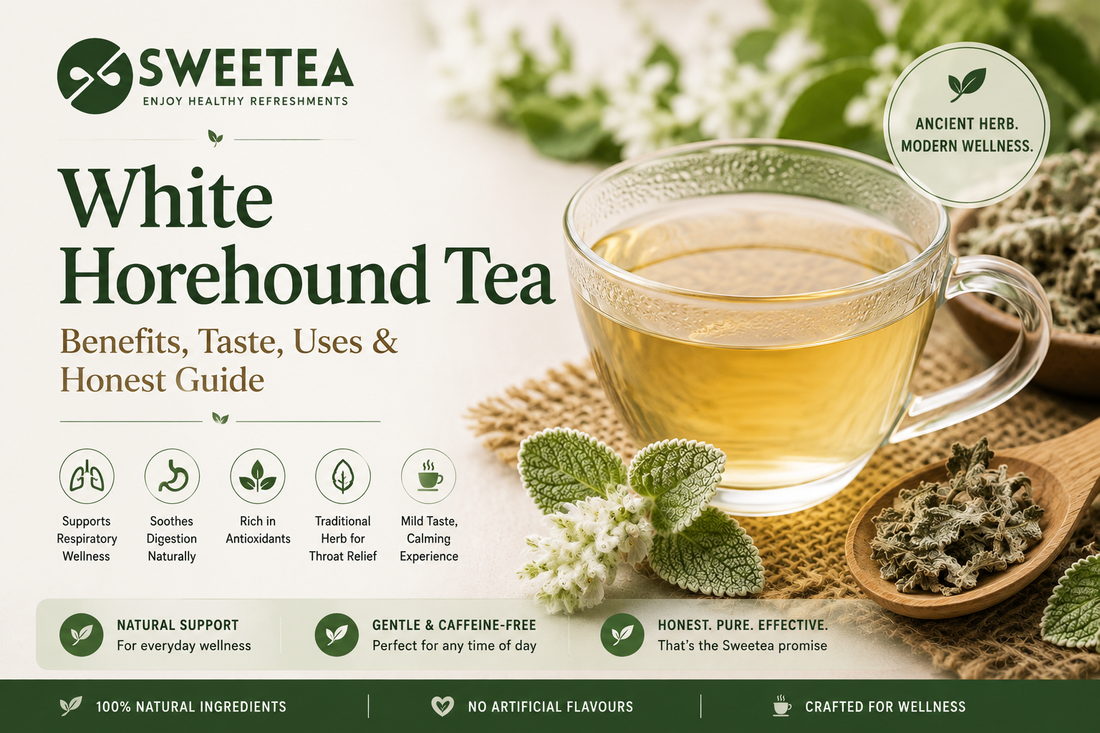 Sweetea White Horehound Tea with herbal leaves and golden tea cup, highlighting traditional herbal wellness and caffeine-free infusion