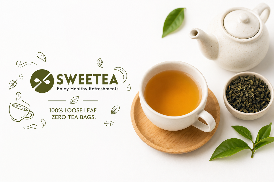 Sweetea herbal wellness tea brand logo with the words Enjoy Healthy Refreshments and a balance-inspired black emblem.