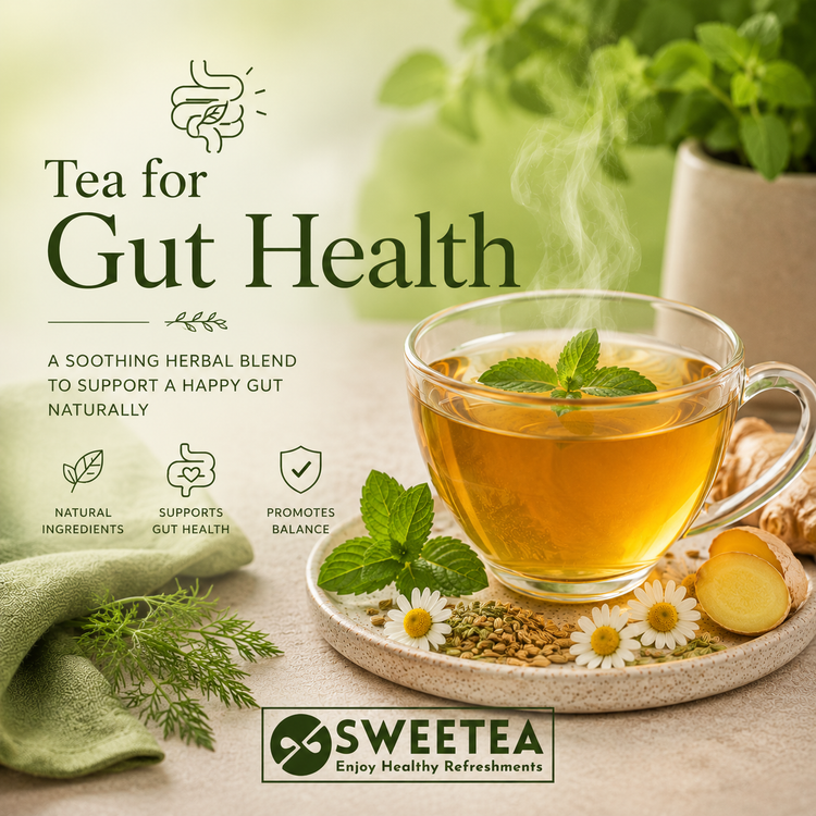 SWEETEA Gut Health Tea Collection featuring herbal wellness teas crafted with carefully selected botanicals traditionally enjoyed to support digestive balance, gut wellness, and everyday vitality naturally.