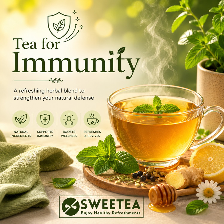 SWEETEA Immunity Tea Collection featuring herbal wellness teas crafted with traditional botanicals such as Giloy, Tulsi, Ginger, Chamomile, and Rooibos to support everyday wellness and immune health naturally.