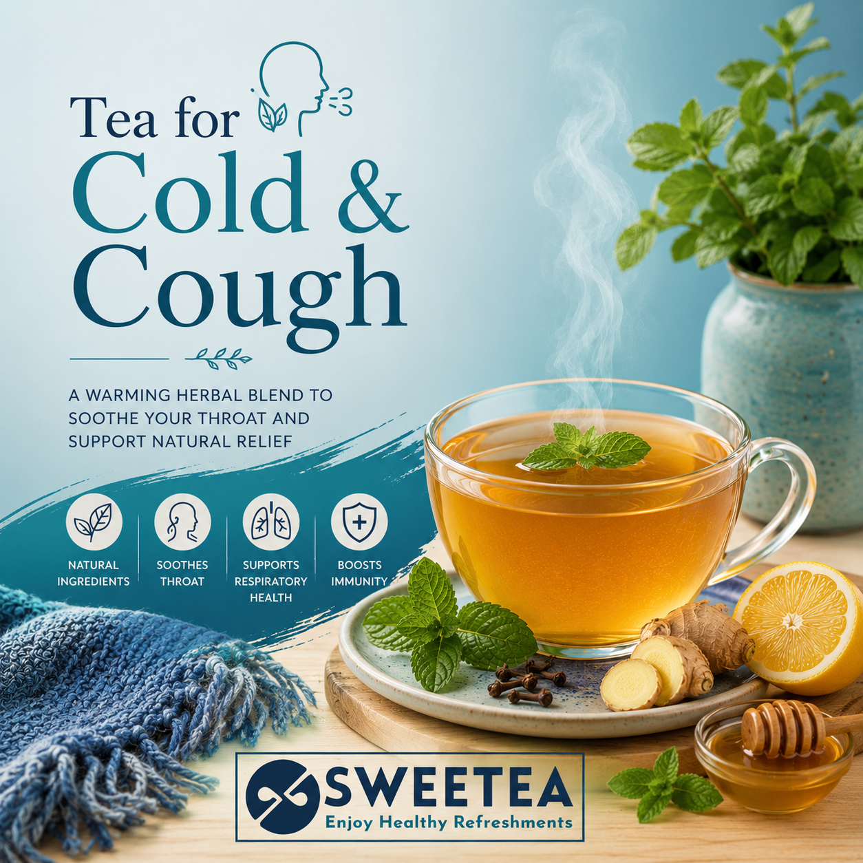 Collection of herbal teas for cold and cough comfort featuring Mullein Tea, Sage Tea, Giloy Tea, Chamomile Tea, and Lemon Balm Tea for seasonal wellness and throat comfort.