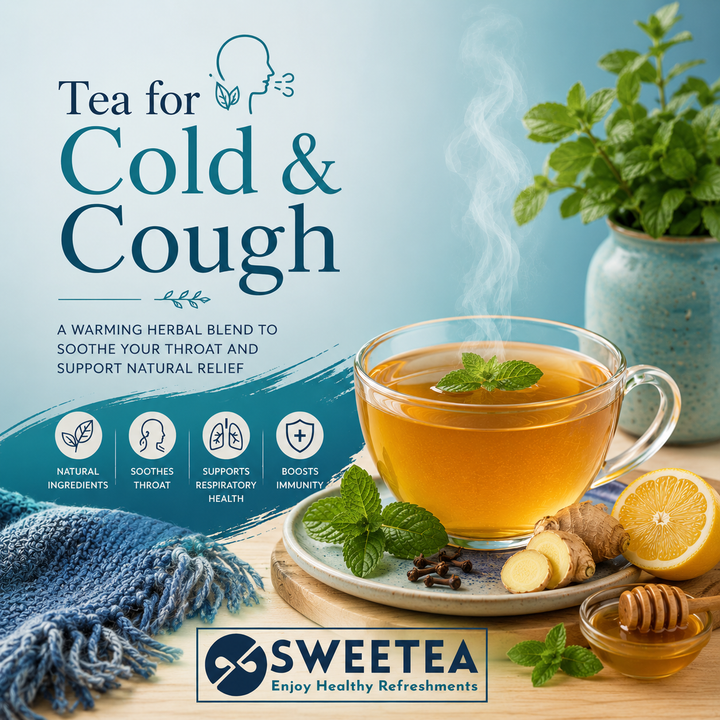 Collection of herbal teas for cold and cough comfort featuring Mullein Tea, Sage Tea, Giloy Tea, Chamomile Tea, and Lemon Balm Tea for seasonal wellness and throat comfort.