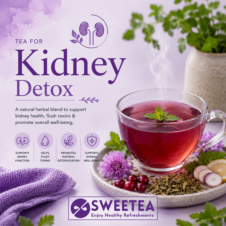 Kidney Detox Tea Collection featuring Dandelion Root Tea, Cleavers Tea, Nettle Root Tea, Rooibos Tea, and Giloy Tea from Sweetea for hydration and herbal wellness.