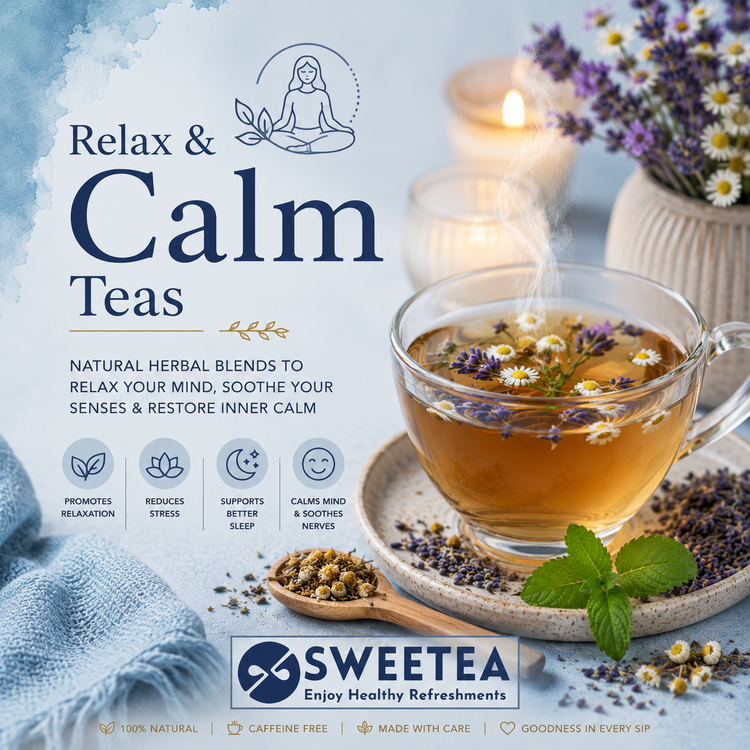 Relax & Calm Tea Collection featuring Chamomile Tea, Lavender Tea, Lemon Balm Tea, Brahmi Tea, Jasmine Tea, and Rooibos Tea for peaceful moments and everyday wellness.