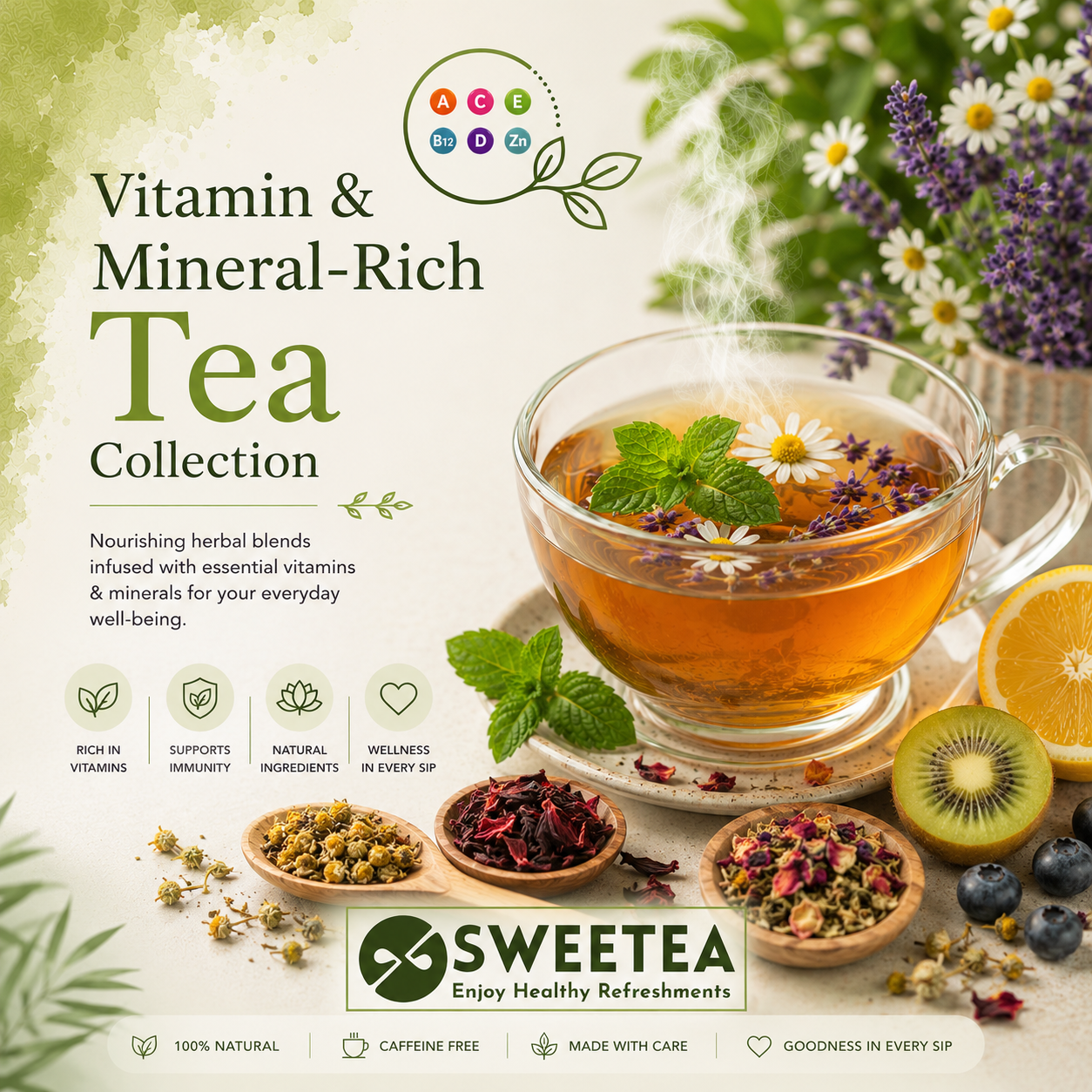 Vitamin and Mineral Rich Tea Collection featuring Amla Tea, Nettle Root Tea, Rooibos Tea, Moringa Tea, Giloy Tea, and other nutrient-rich herbal teas from Sweetea.