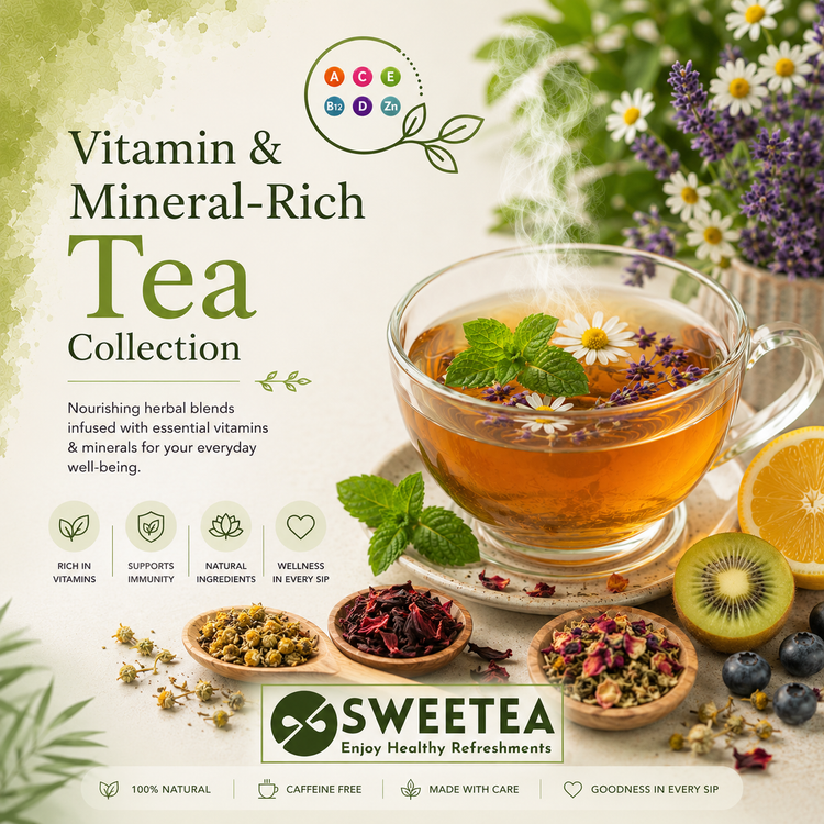 Vitamin and Mineral Rich Tea Collection featuring Amla Tea, Nettle Root Tea, Rooibos Tea, Moringa Tea, Giloy Tea, and other nutrient-rich herbal teas from Sweetea.