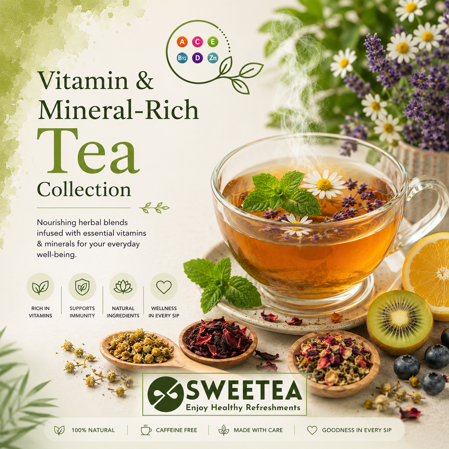 Vitamin and Mineral Rich Tea Collection featuring Amla Tea, Nettle Root Tea, Rooibos Tea, Moringa Tea, Giloy Tea, and other nutrient-rich herbal teas from Sweetea.
