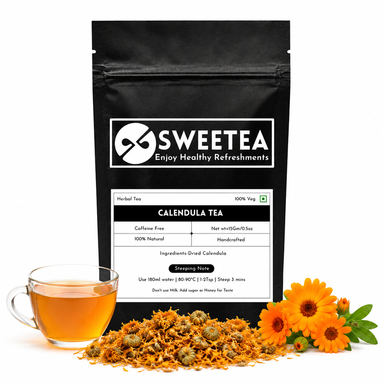 Calendula Flower Tea featuring premium dried calendula petals and a freshly brewed floral herbal infusion with a bright golden color.