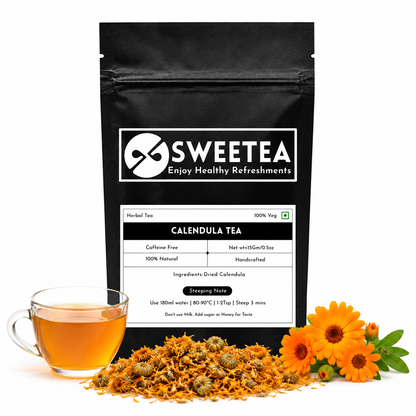 Calendula Flower Tea featuring premium dried calendula petals and a freshly brewed floral herbal infusion with a bright golden color.