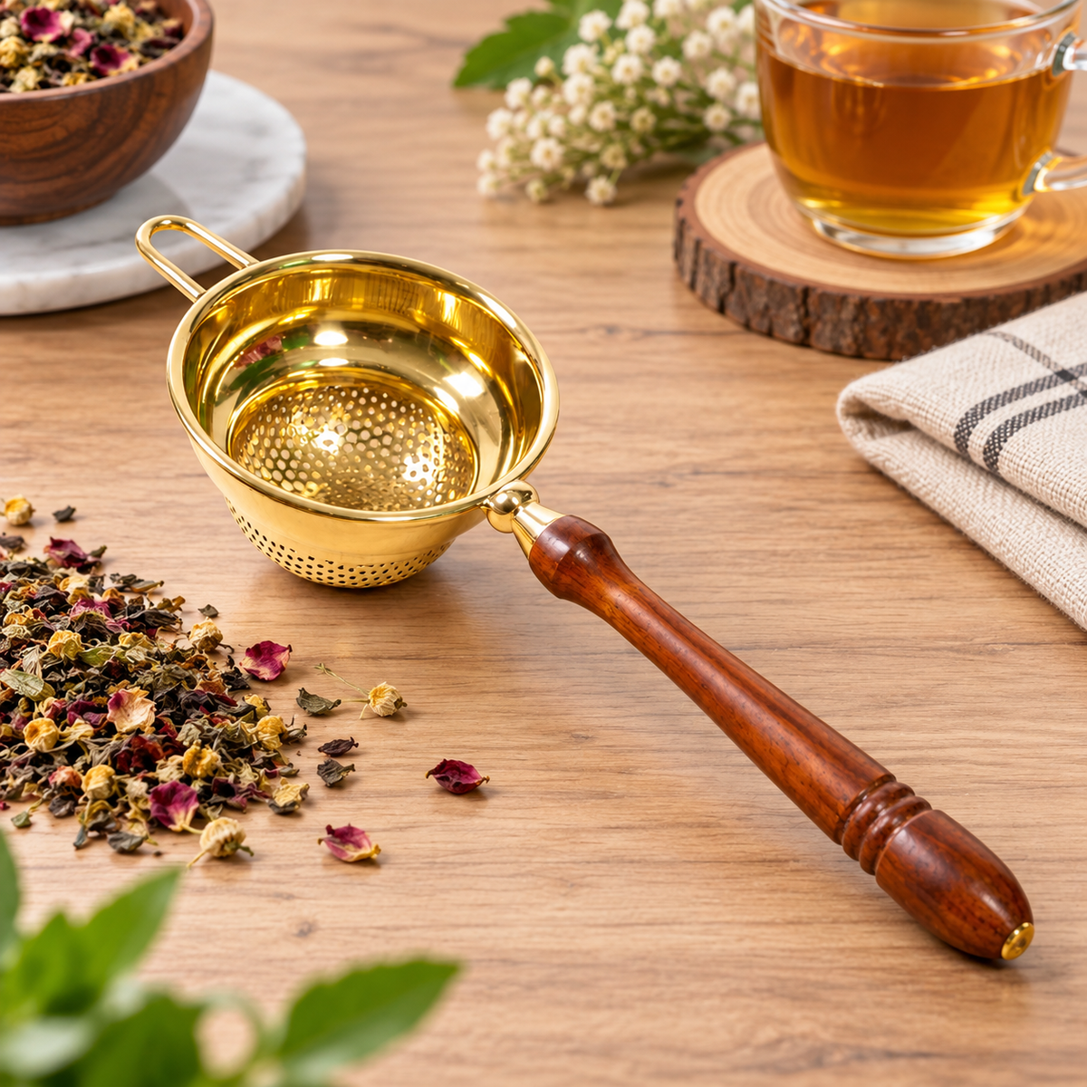Brass Tea Strainer with Wooden Handle