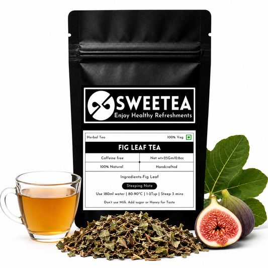 Fig Leaf Tea featuring premium dried fig leaves and a freshly brewed herbal infusion with a smooth, earthy character.