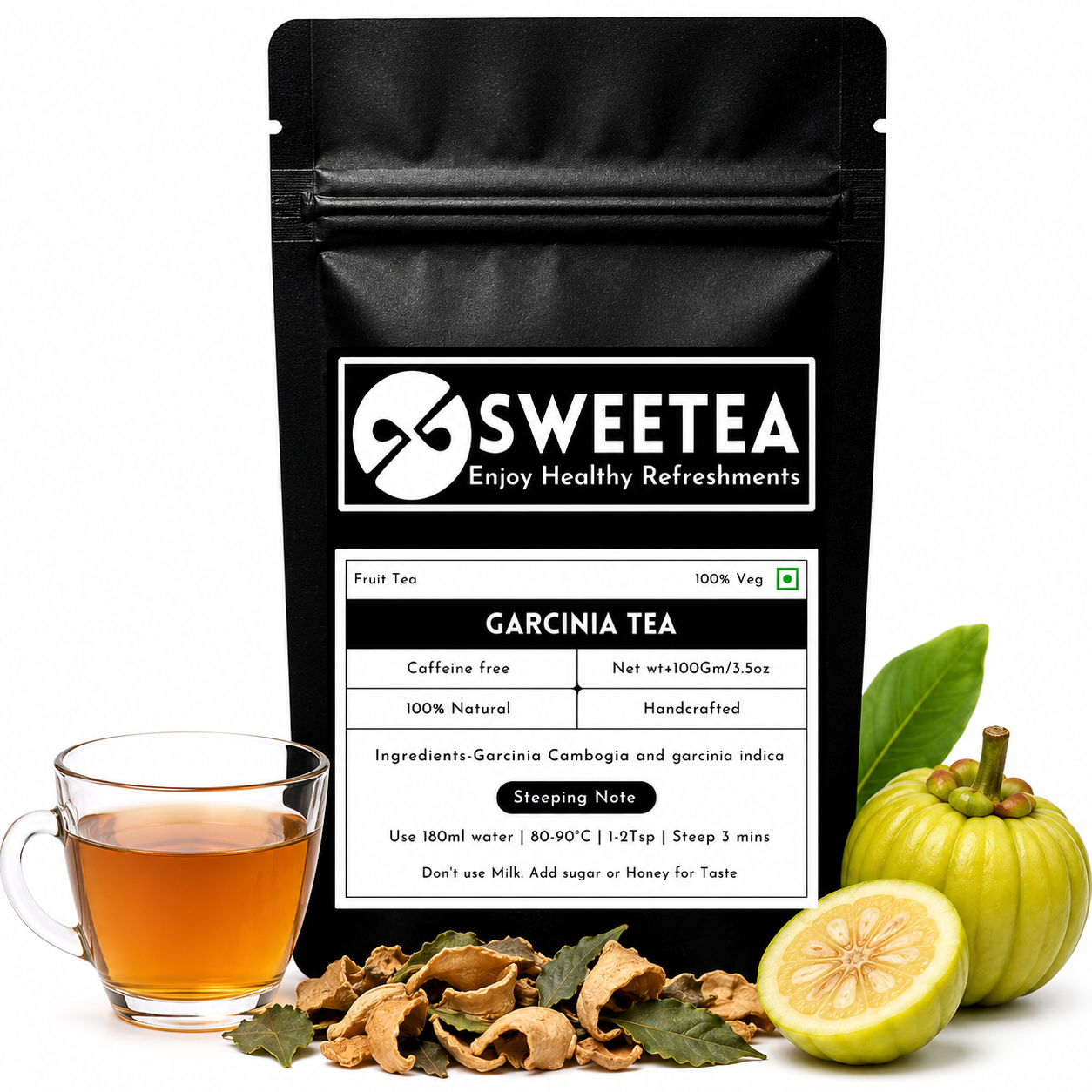 Garcinia Herbal Tea featuring premium dried garcinia fruit and a freshly brewed wellness tea infusion.