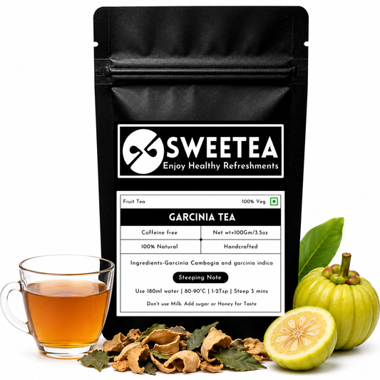 Garcinia Herbal Tea featuring premium dried garcinia fruit and a freshly brewed wellness tea infusion.