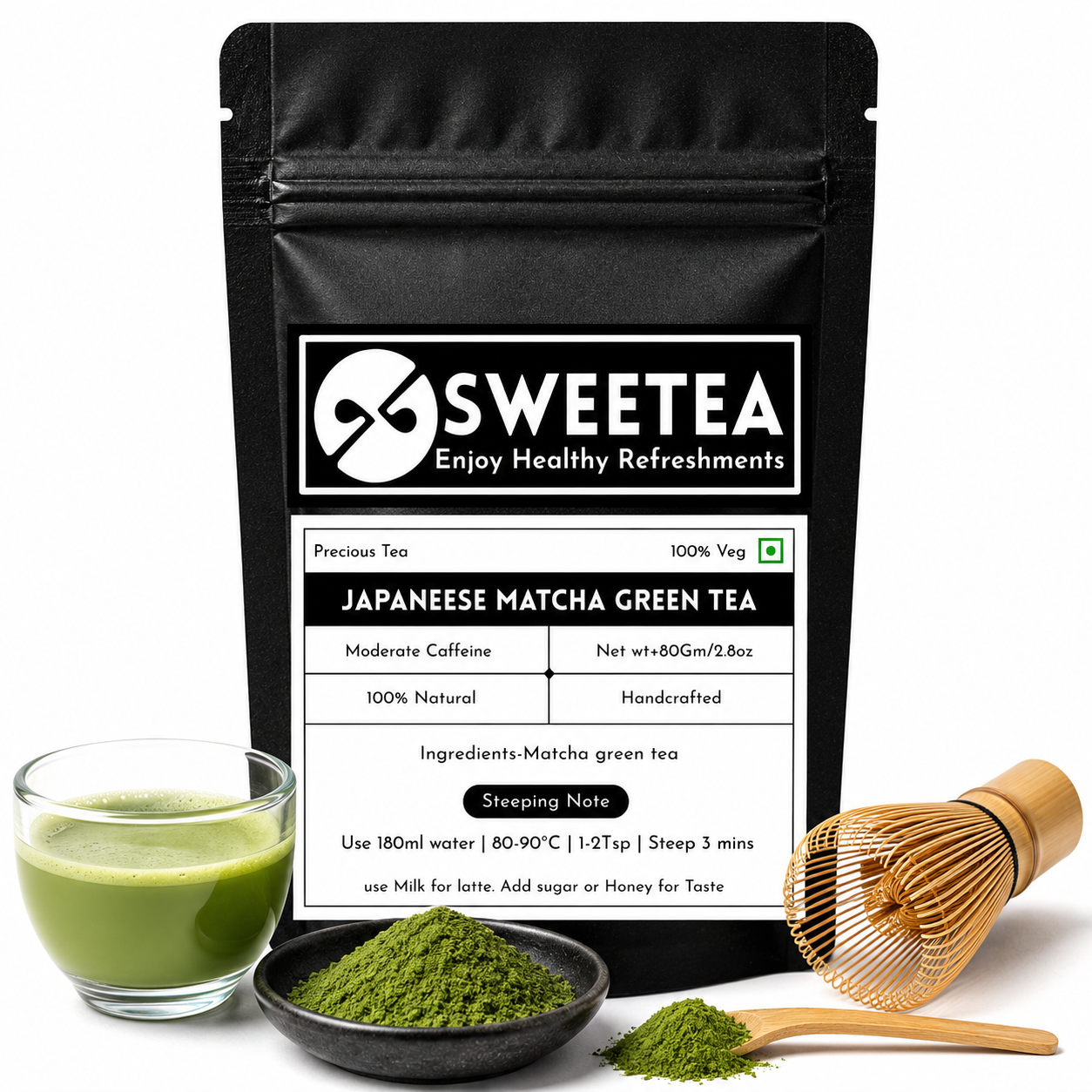 Japanese Matcha Green Tea featuring premium stone-ground matcha powder with a rich flavor, smooth texture, and vibrant green color.