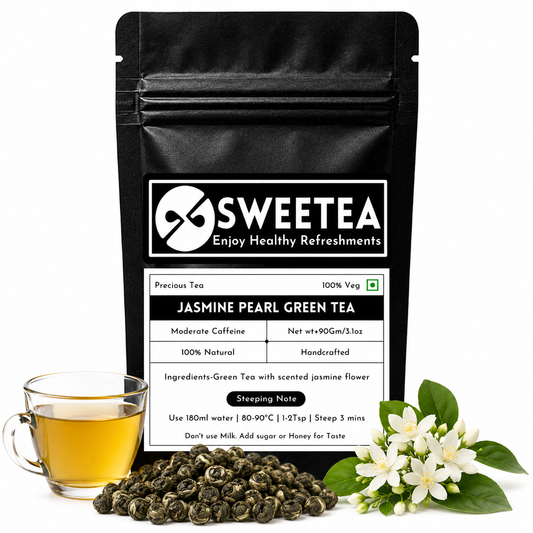 Jasmine Pearl Green Tea featuring premium hand-rolled green tea pearls naturally scented with jasmine blossoms for a delicate floral aroma.