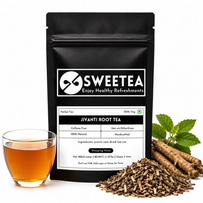 Sweetea Jivanti Root Tea pouch with carefully cut Ayurvedic Jivanti root and a warm, naturally caffeine-free herbal infusion