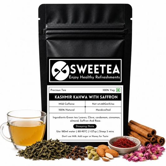 Kashmir Kahwa with Saffron featuring premium green tea, saffron, aromatic spices, and nuts in a traditional Kashmiri tea blend.