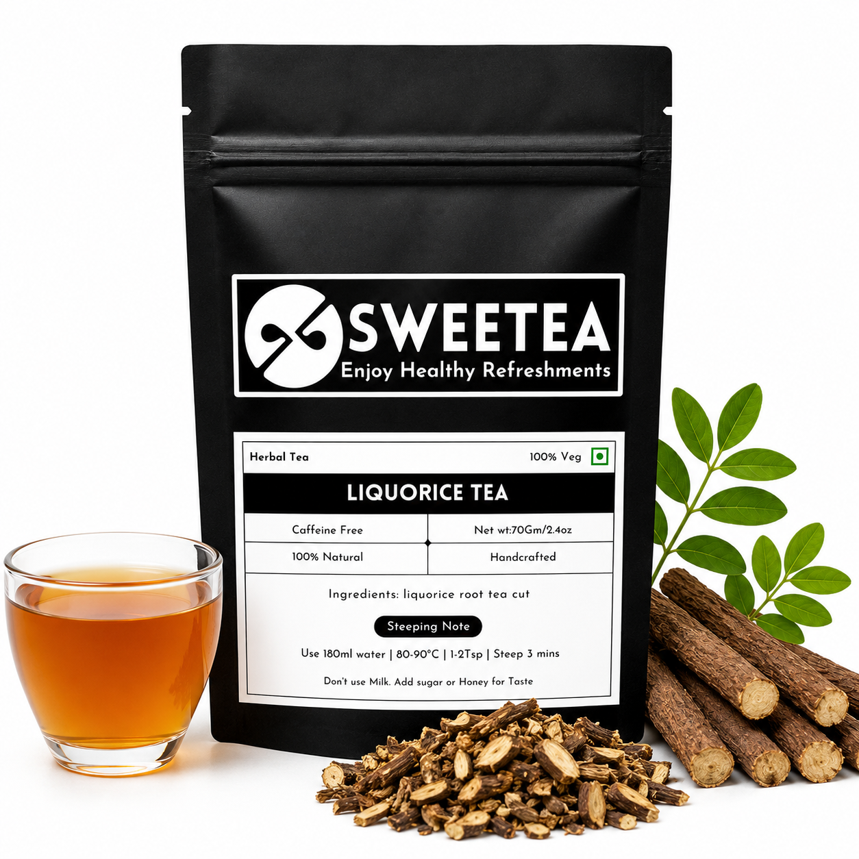 Premium Liquorice Root Tea by Sweetea made from dried Glycyrrhiza glabra roots with a freshly brewed herbal infusion