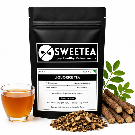 Premium Liquorice Root Tea by Sweetea made from dried Glycyrrhiza glabra roots with a freshly brewed herbal infusion