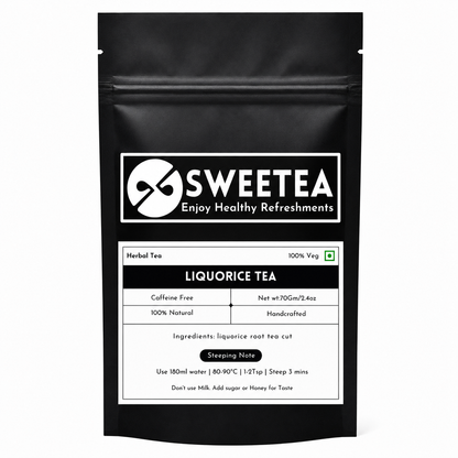 A black stand-up pouch of Sweetea Liquorice Tea herbal tea, featuring a white label with product details, caffeine-free status, and usage instructions.