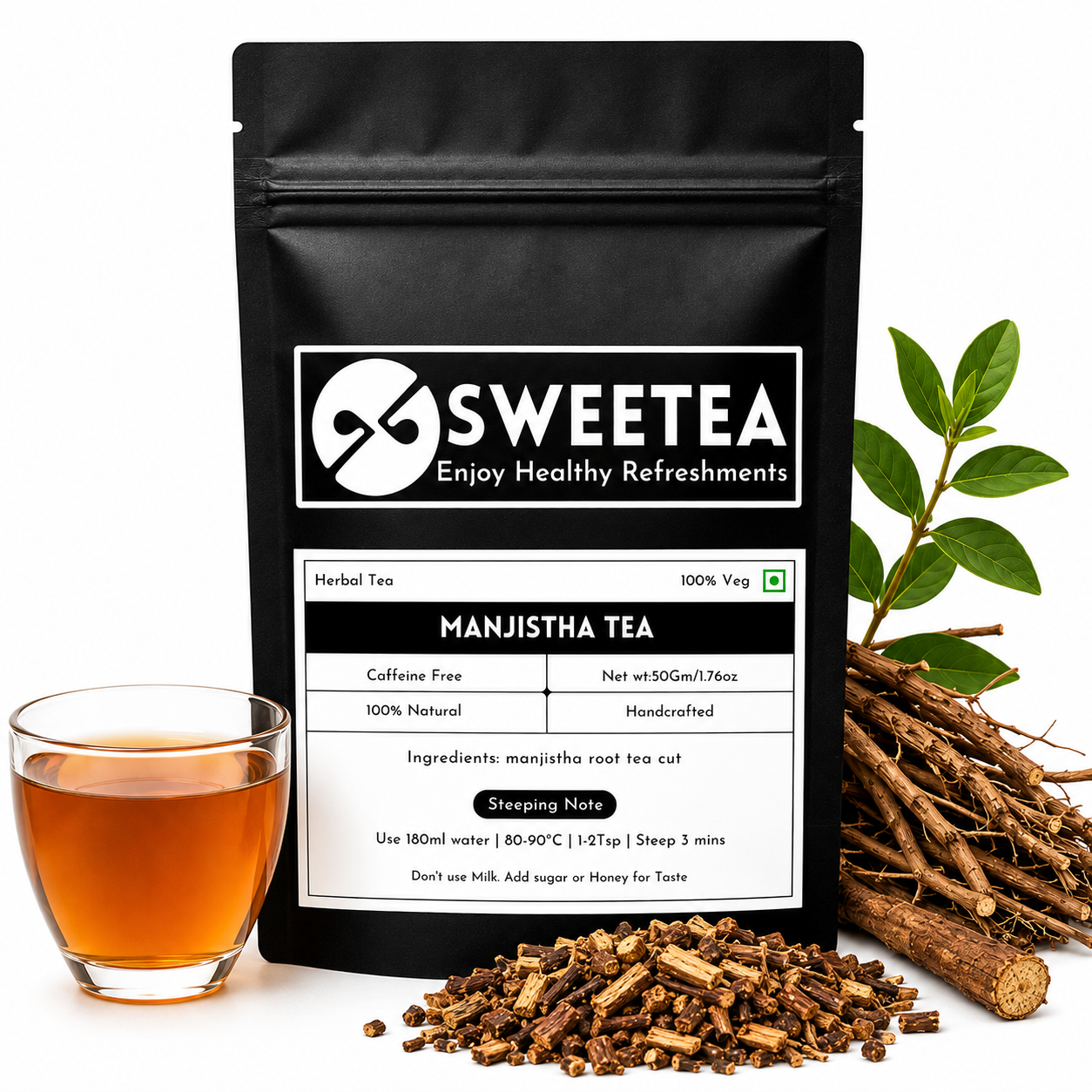 Premium Manjistha Root Tea by Sweetea made from dried Rubia cordifolia roots with a freshly brewed herbal infusion