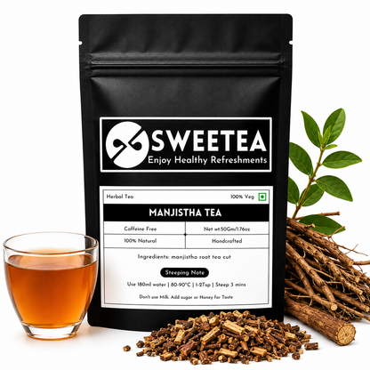 Premium Manjistha Root Tea by Sweetea made from dried Rubia cordifolia roots with a freshly brewed herbal infusion