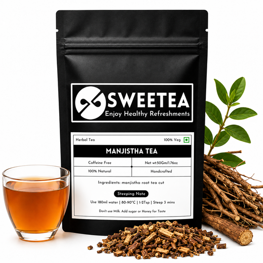 Premium Manjistha Root Tea by Sweetea made from dried Rubia cordifolia roots with a freshly brewed herbal infusion