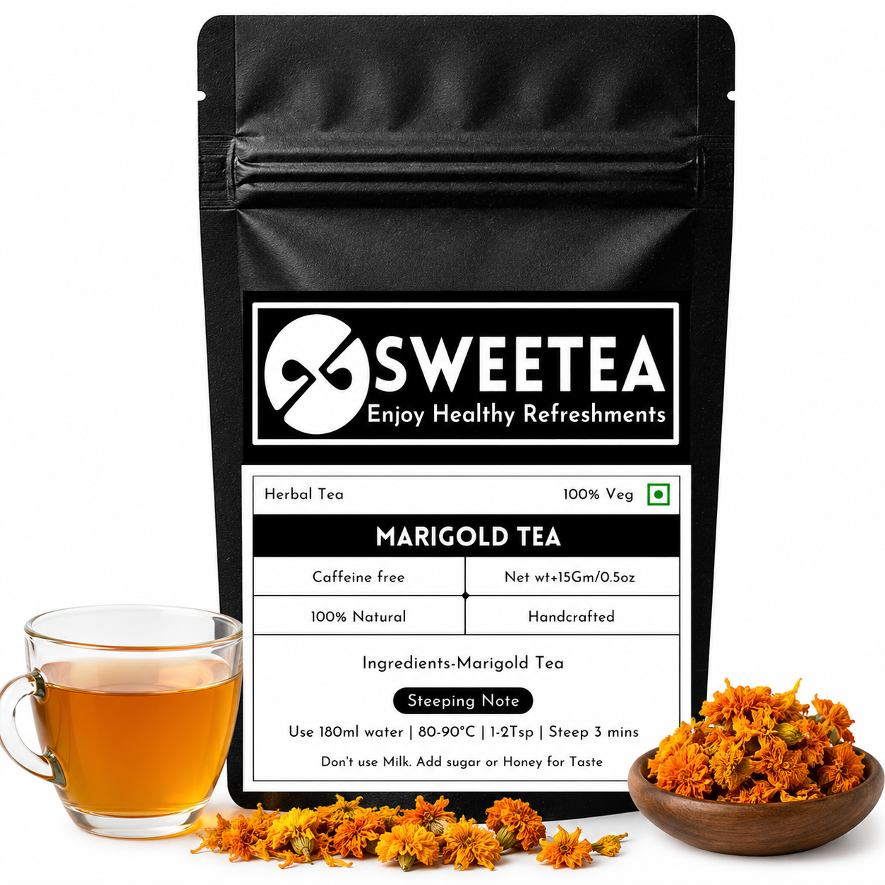 Marigold Flower Tea featuring premium dried marigold blossoms and a freshly brewed floral herbal infusion.